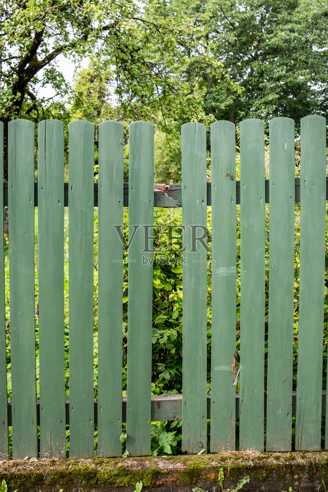 绿木篱笆上的缺板。损害抽象概念照片摄影图片