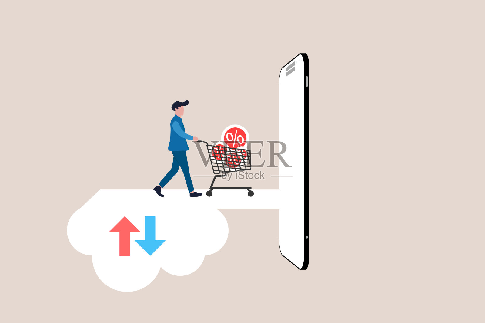 网上购物或移动商店应用程序的概念，商人推购物车手推车从网站或应用程序在移动智能手机上运行。网上购物或移动购物app的概念插画图片素材