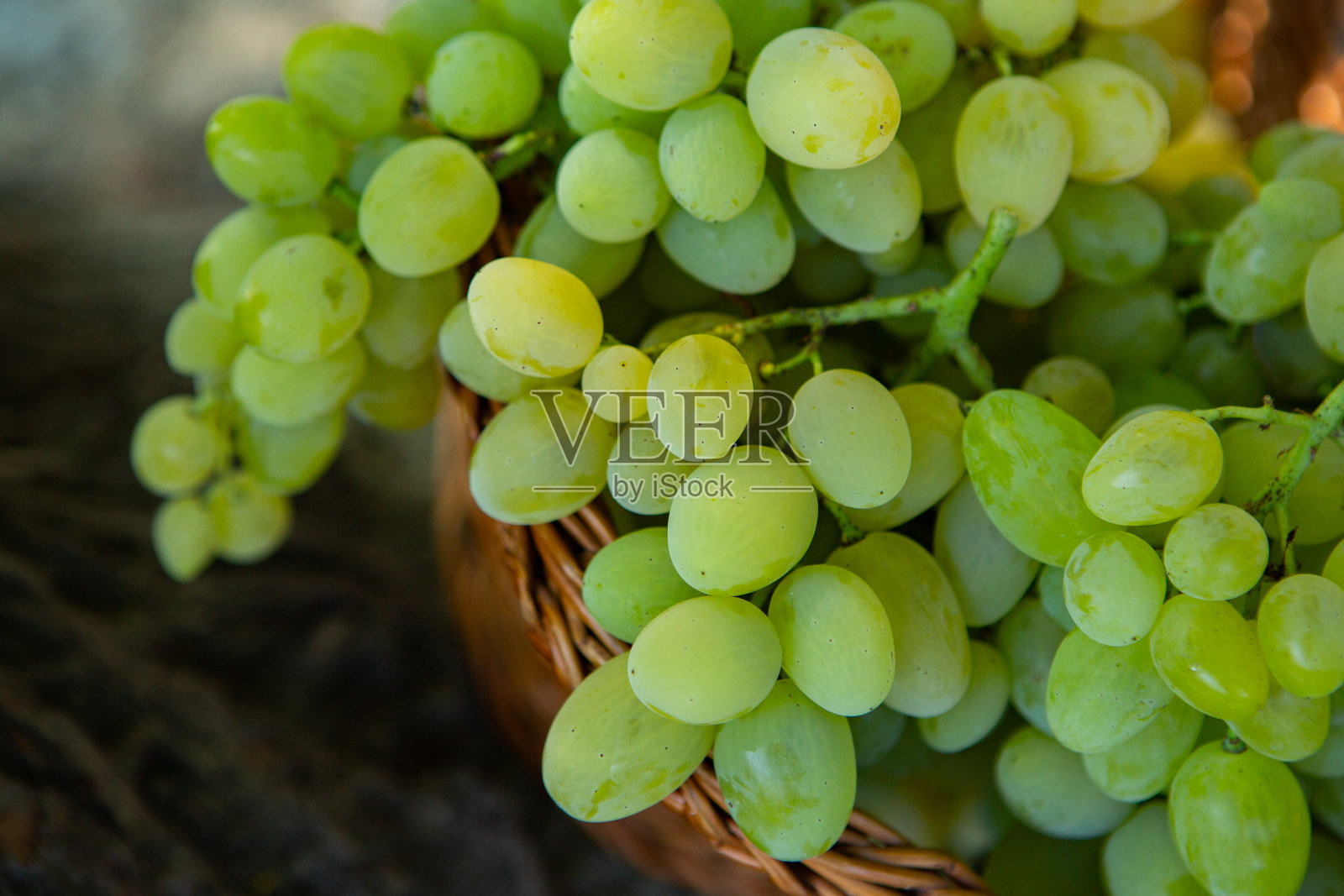 一串白葡萄放在木制背景的篮子里。照片摄影图片
