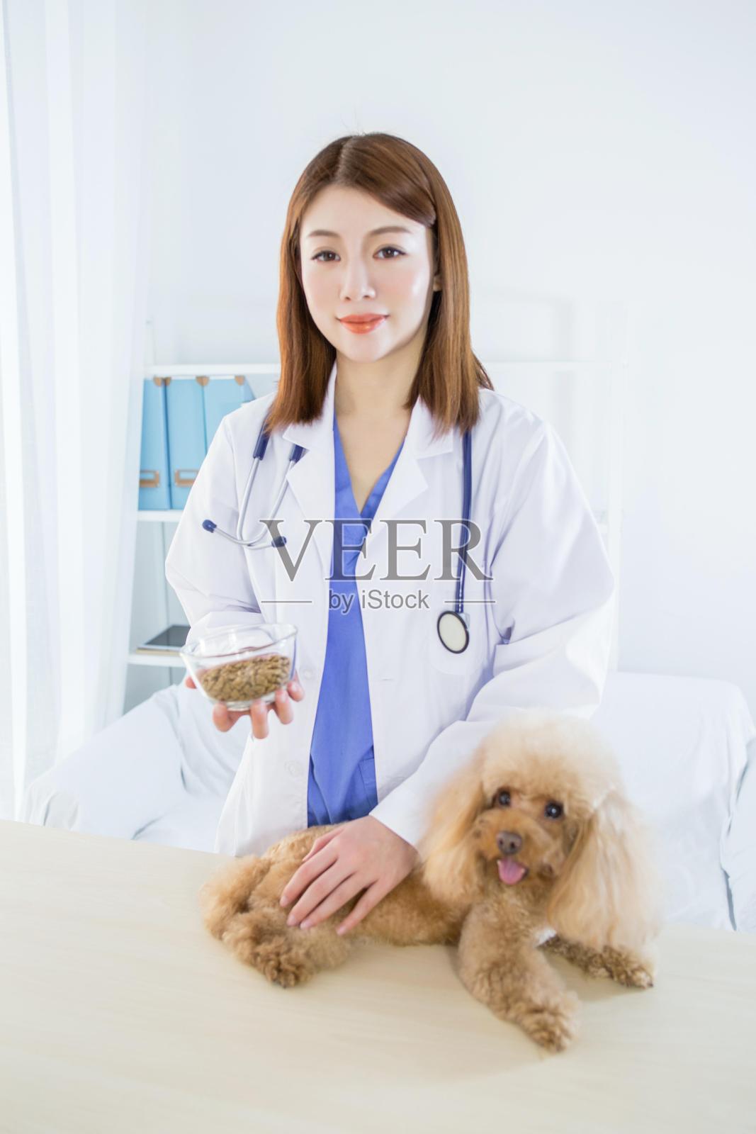 亚洲女兽医拿着一碗狗粮和一只贵宾犬照片摄影图片