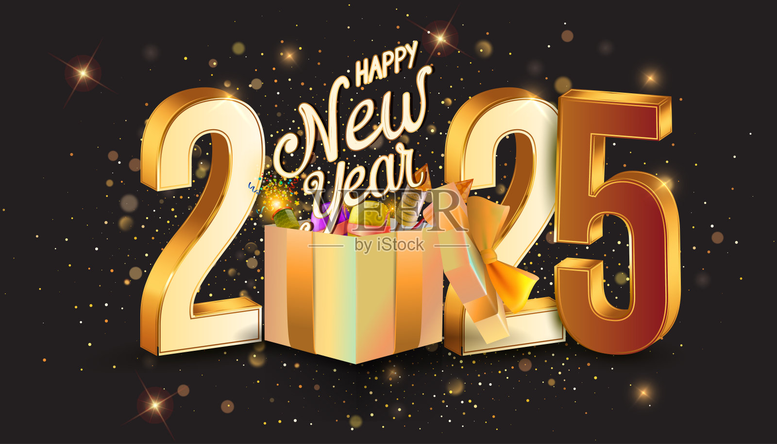 2025年设计新年快乐。优雅的3D金色海报设计与礼盒插画图片素材