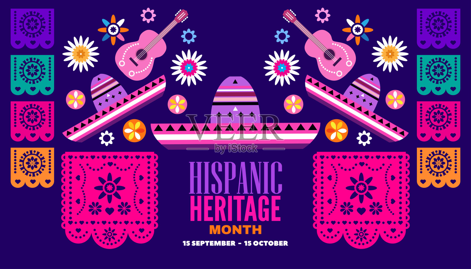 国家西班牙遗产月横幅与拉丁几何图案，墨西哥花，吉他艺术海报文化传统西班牙事件庆祝矢量插图模板平面背景插画图片素材