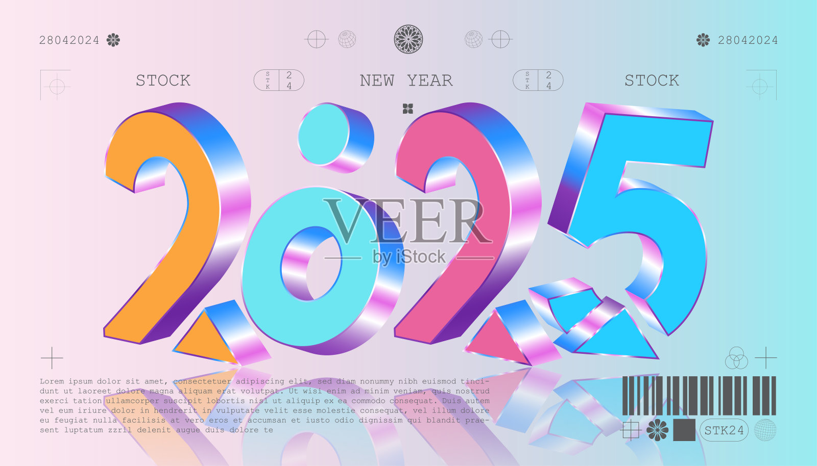 2025年新年快乐。节日逼真的装饰优雅的3D彩色数字插画图片素材