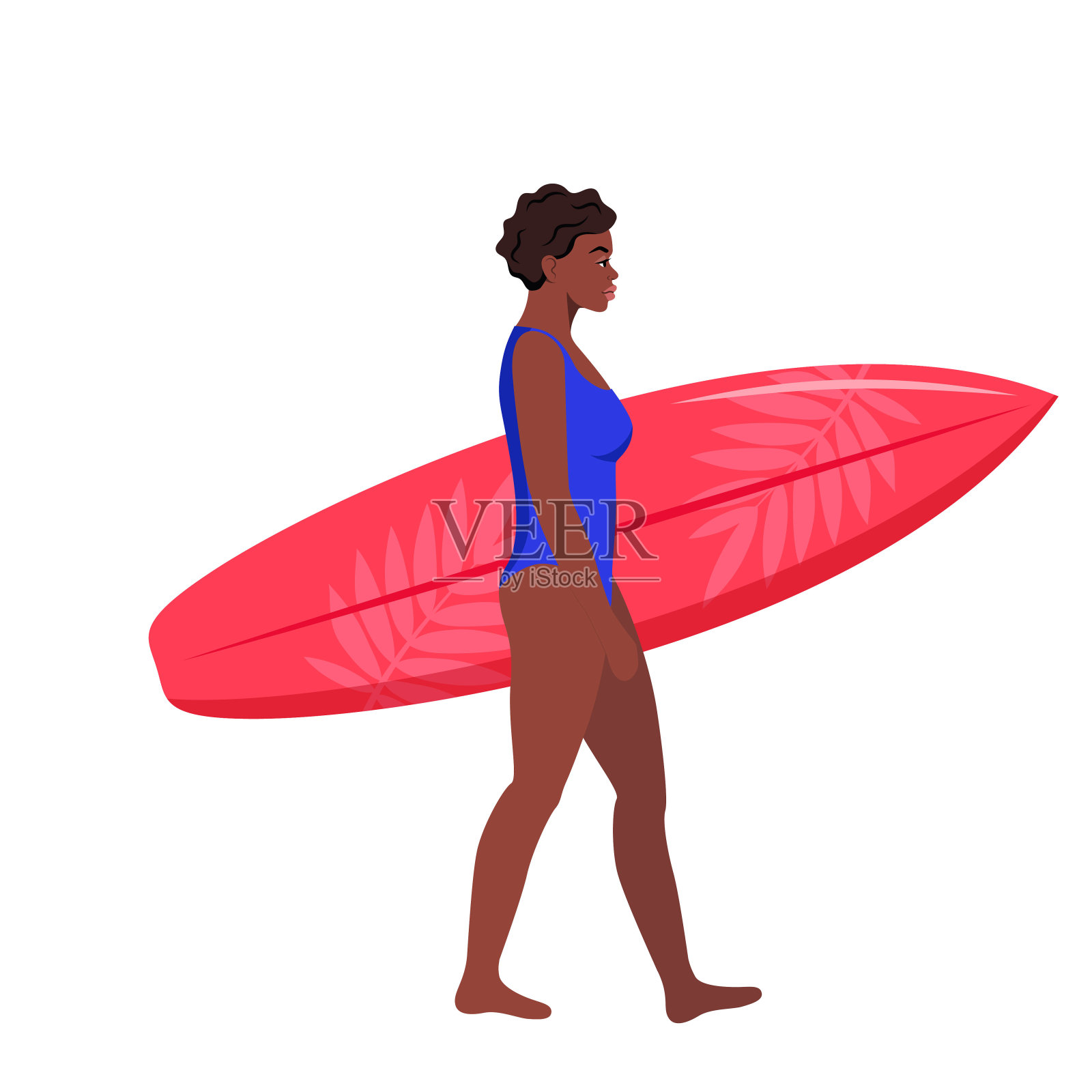 年轻的黑发非裔美国人拿着冲浪板走向大海。矢量插图。插画图片素材