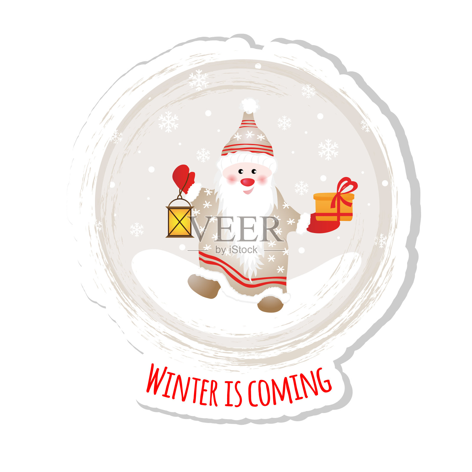 贴纸上有带手电筒和礼物的可爱地精。丰富多彩的设计，社交媒体沟通，网络，网站徽章，贺卡，海报和更多。插画图片素材