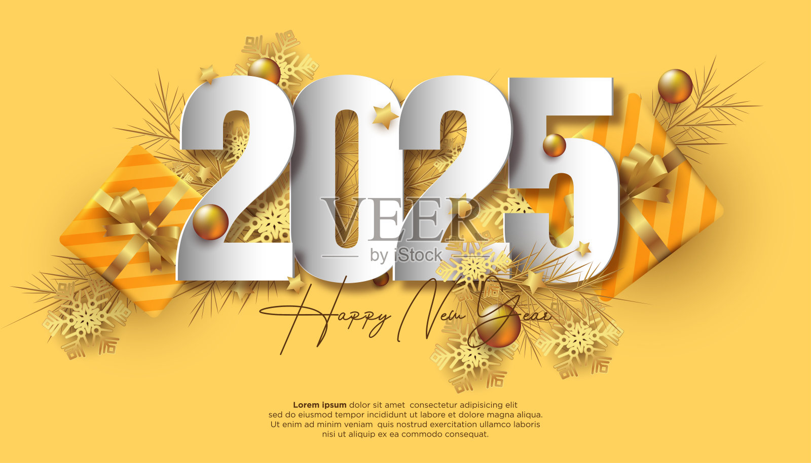 2025年新年快乐。喜庆逼真的圣诞装饰高雅数插画图片素材