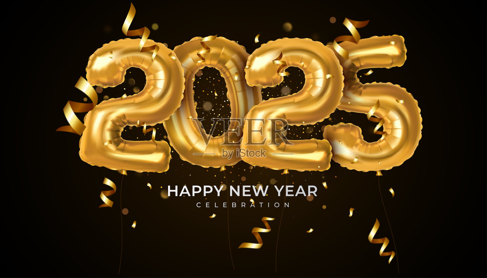 2025年新年快乐。节日逼真的装饰精美的金色气球号插画图片素材