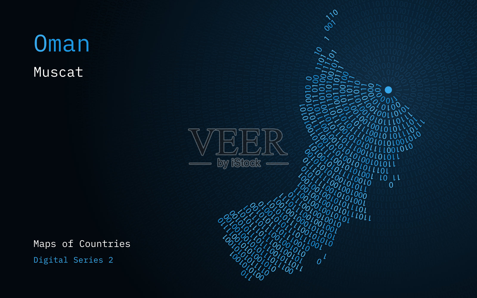 阿曼的地图，用0和1画成圆形。首都马斯喀特位于圆圈的中心插画图片素材