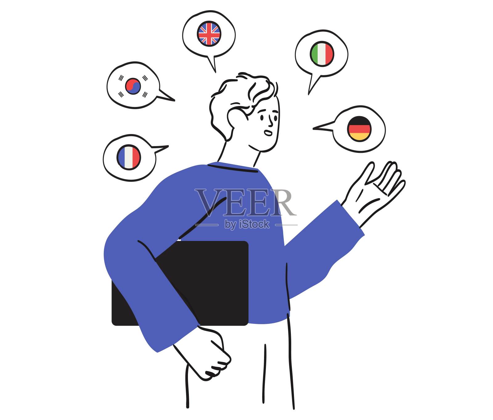 多语种议长。精通多种外语，会说，会学，懂英语，德语，韩语，法语，意大利语。线涂鸦矢量插图隔离在白色bg。插画图片素材