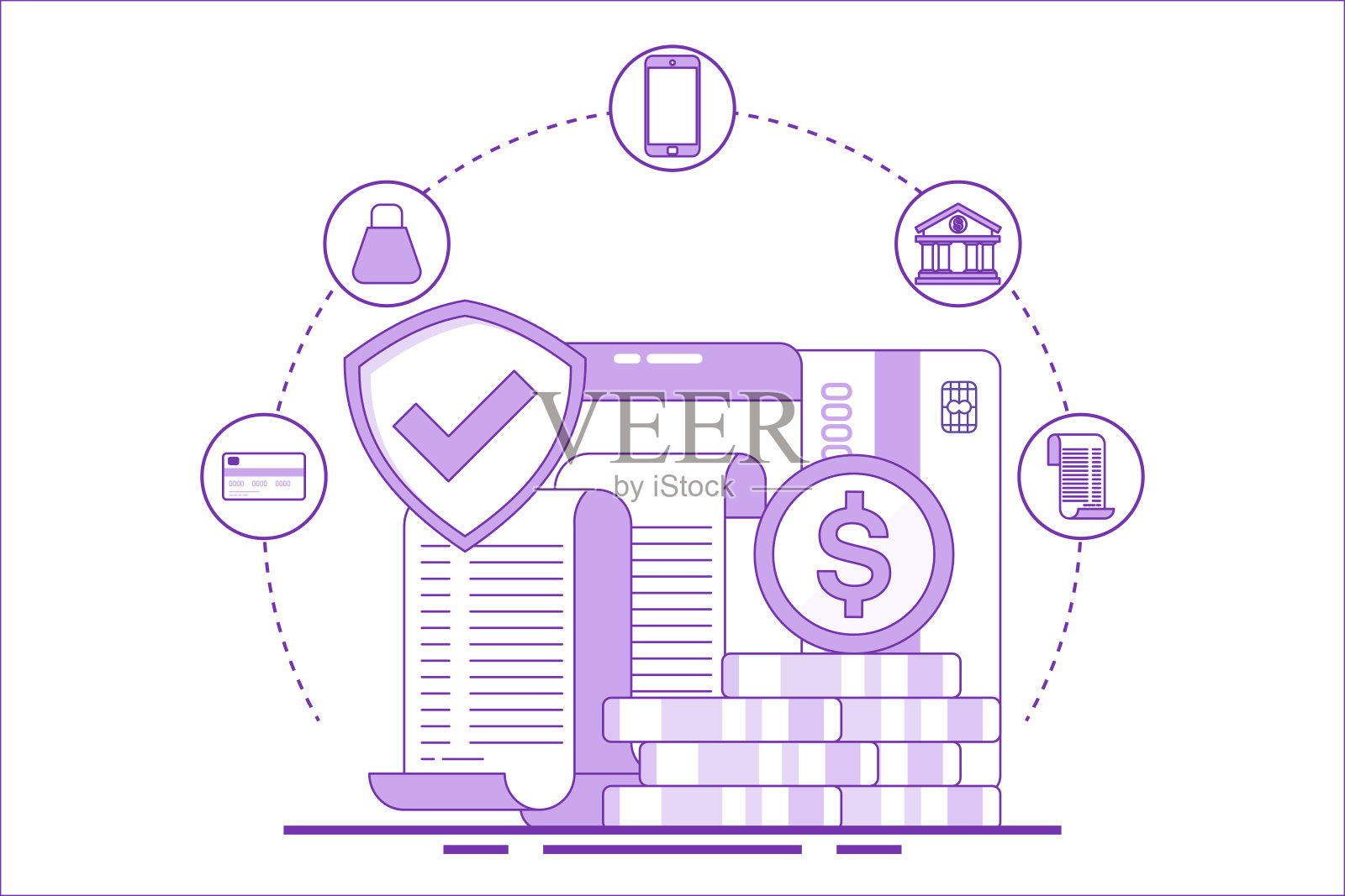 移动或无现金支付概念。信息图表网上银行，移动账单支付，移动钱包，创业项目，在线调查，商业规划。平面矢量图插画图片素材