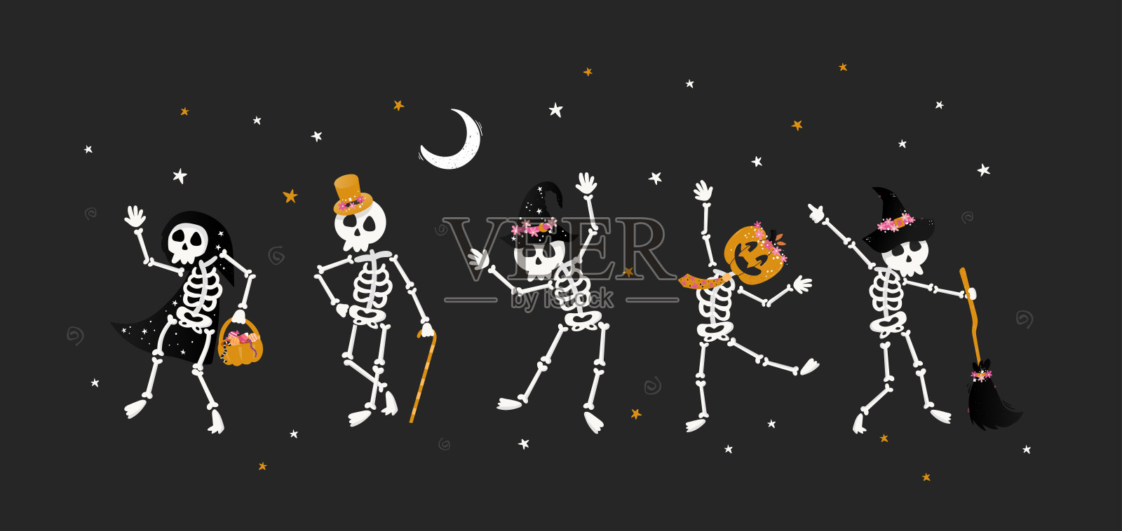 可爱的手绘矢量骷髅与女巫帽子，南瓜和其他装饰，伟大的横幅，壁纸，纺织品插画图片素材