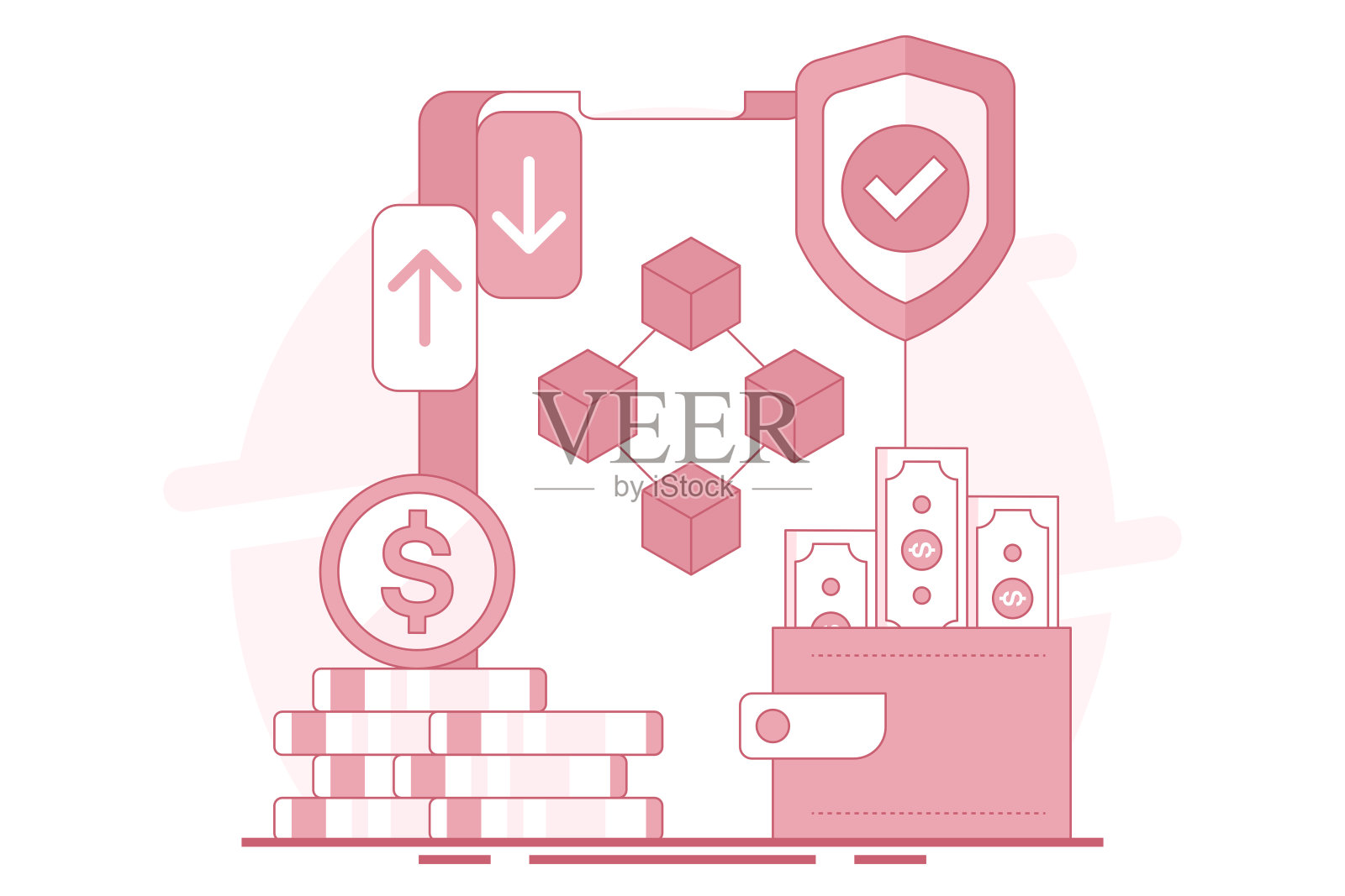 手机钱包或网上存钱的概念。网上银行信息图表，移动账单支付，创业项目，在线调查，商业规划。平面矢量插图。插画图片素材