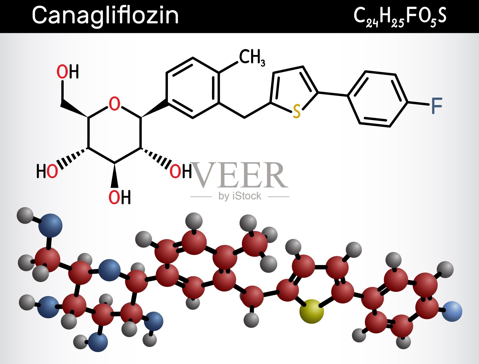 Canagliflozin分子。它是抗糖尿病药物，SGLT2抑制剂。结构化学式和分子模型插画图片素材