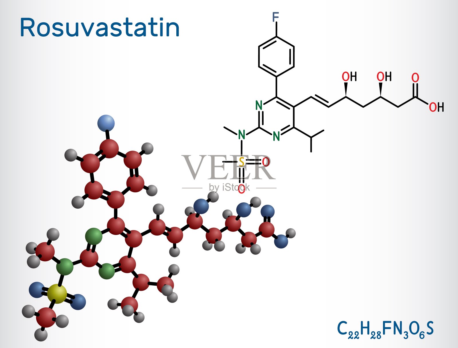 伐分子。他汀，降脂药。结构化学式和分子模型插画图片素材