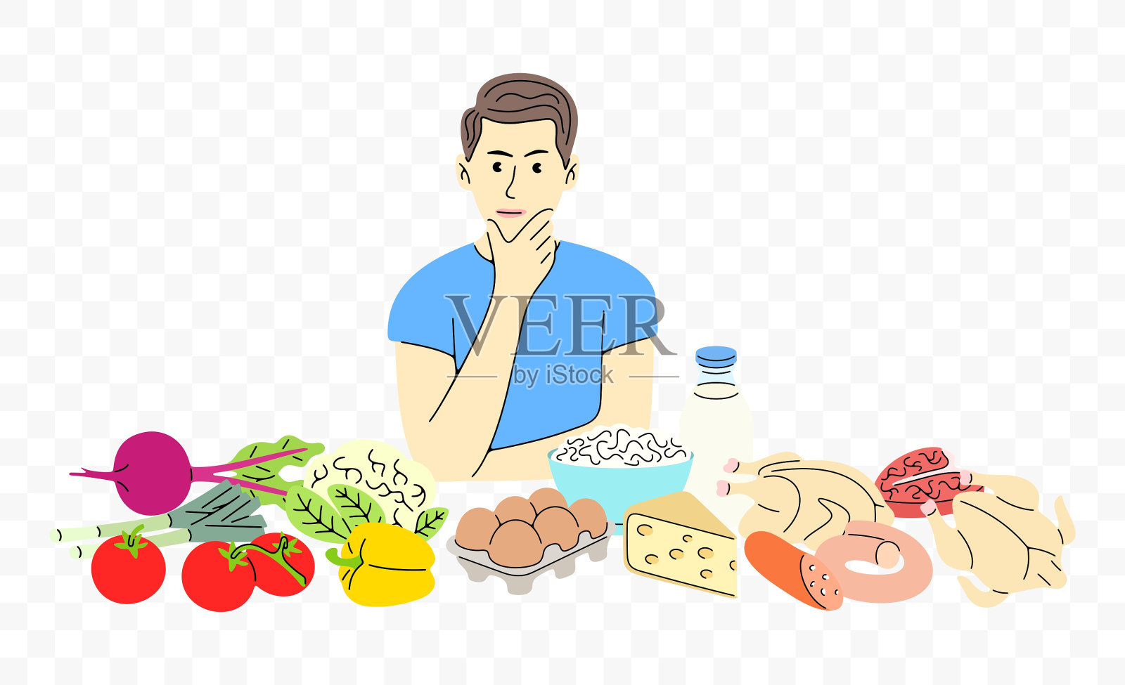 男人思考从食品产品中选择什么，平面设计。食物，饭，乳制品，肉和蔬菜，矢量设计和插图插画图片素材