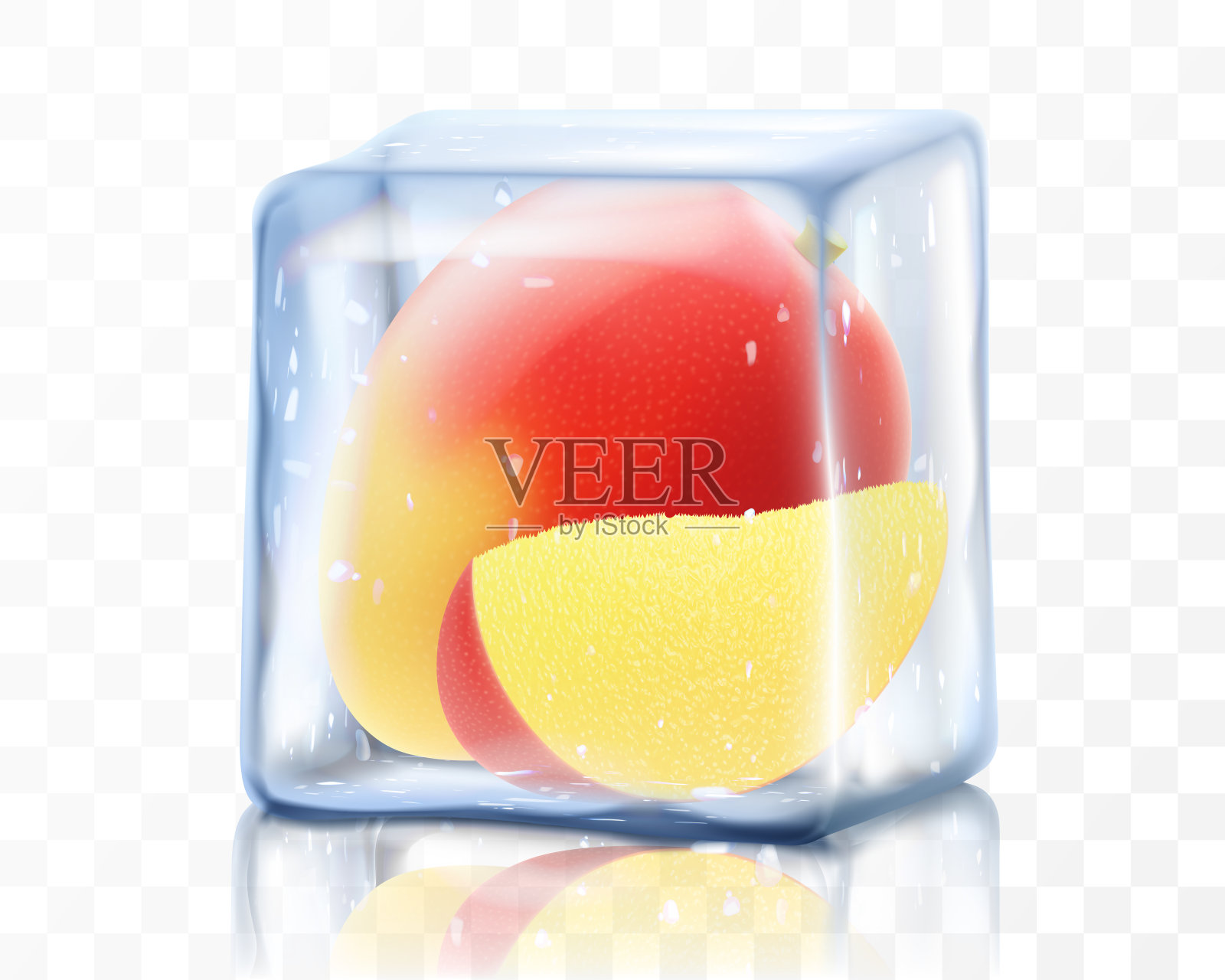 新鲜成熟的芒果果实在冰立方隔离在透明的背景冷冻热带芒果果实。现实的3d矢量插图。充满异域风情的夏日设计插画图片素材