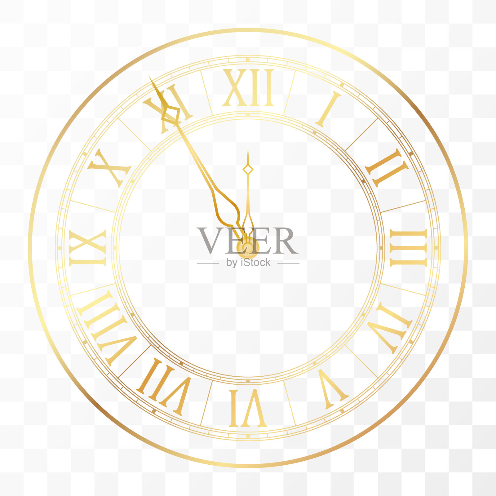 金色优雅的罗马数字时钟。古色古香的时间设计。豪华光滑的金色钟面表盘圆形矢量插图孤立在白色背景上插画图片素材