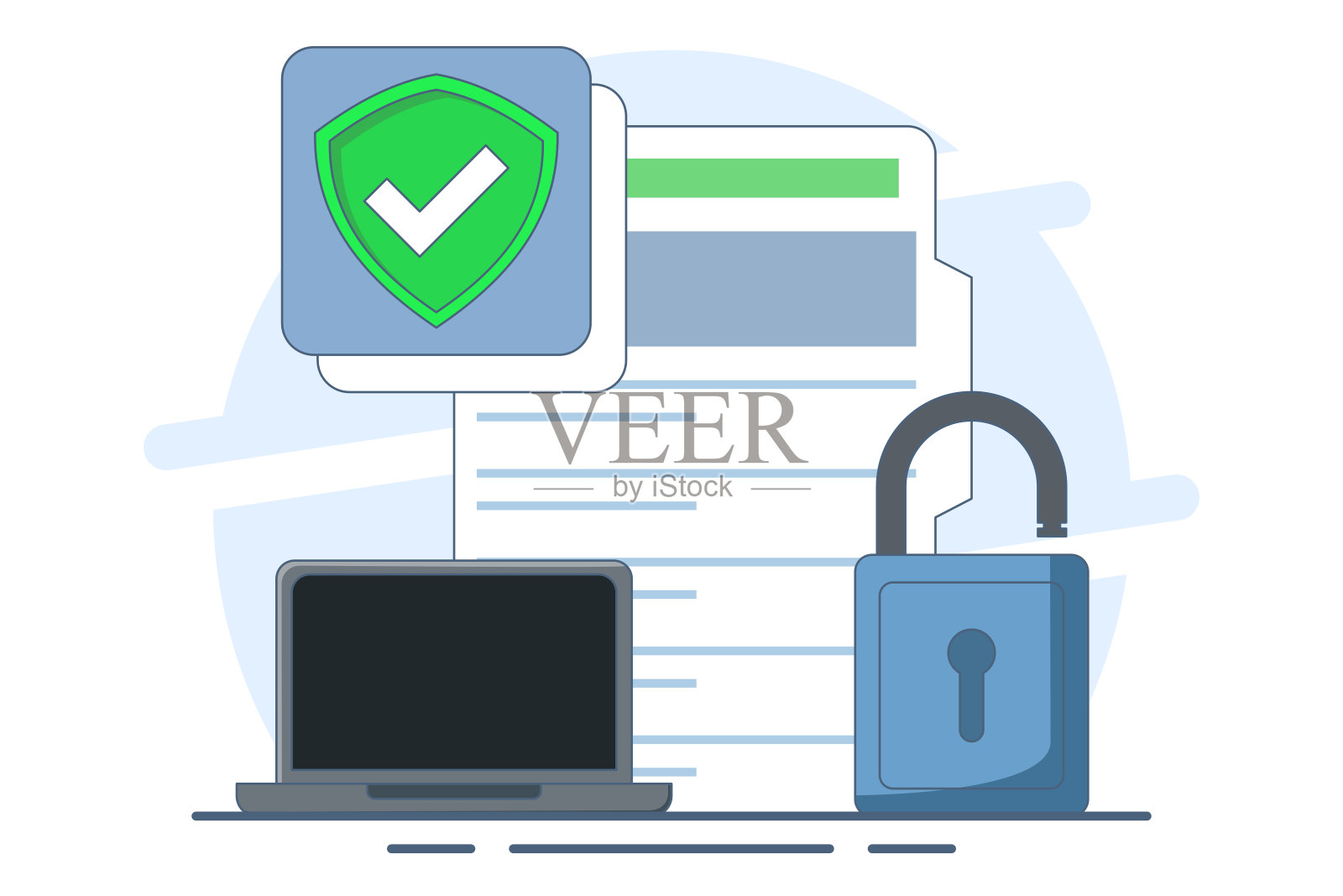 个人资料保护理念，用挂锁保护文件，保护个人资料安全。个人信息的安全和保障。矢量插图在平面风格。插画图片素材