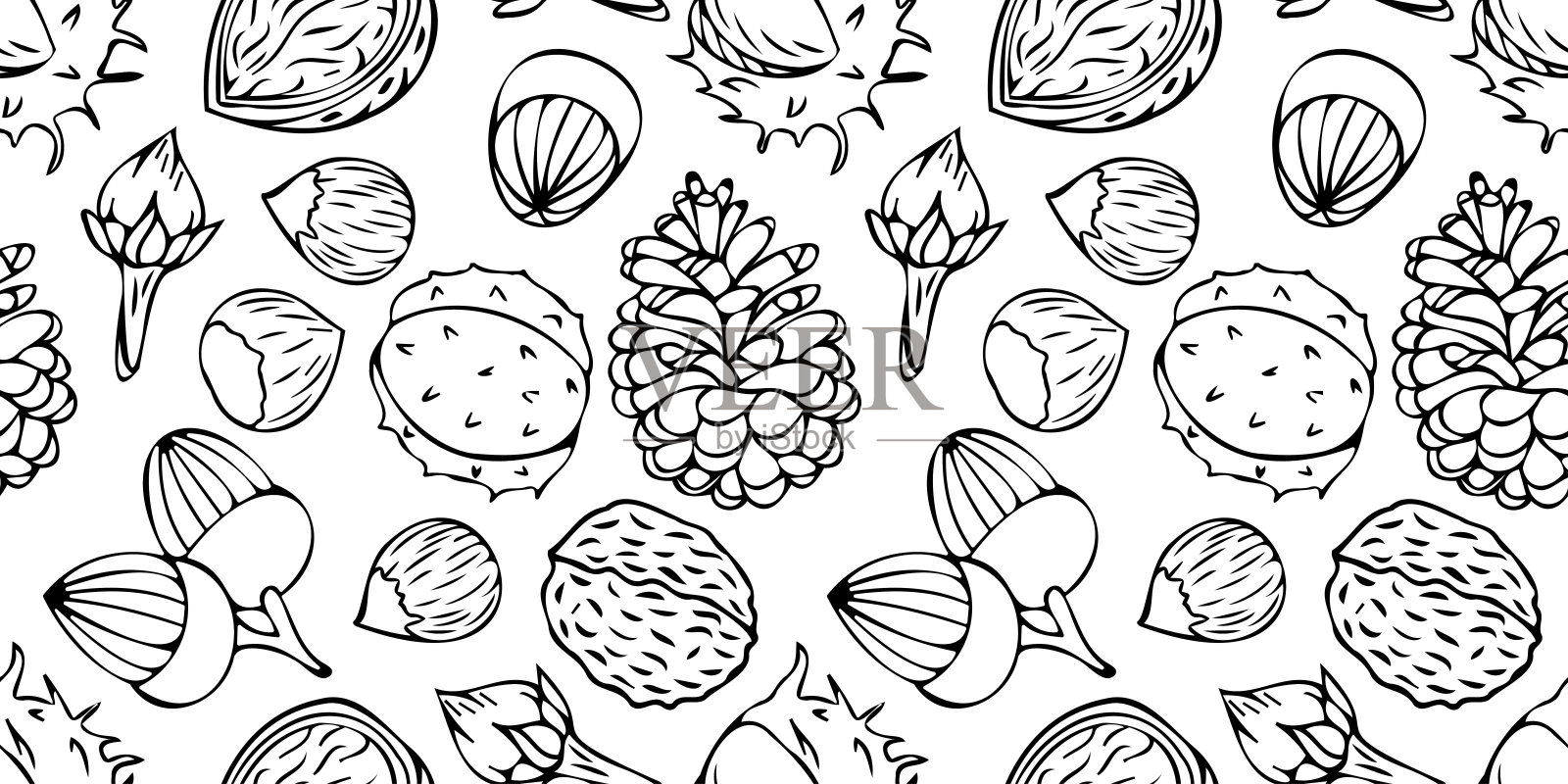 矢量无缝图案与栗子，松果，橡子和树叶在涂鸦风格的轮廓。插画图片素材