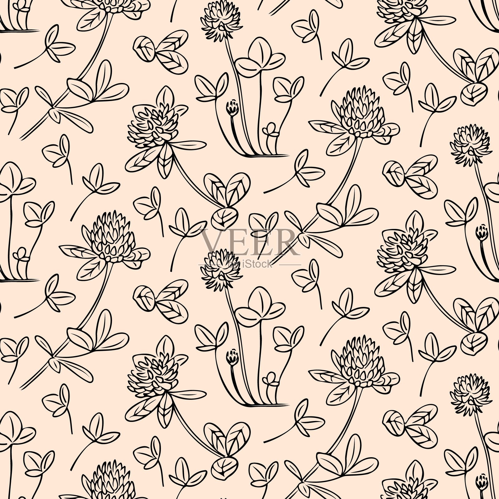 轮廓无缝图案涂鸦三叶草插画图片素材