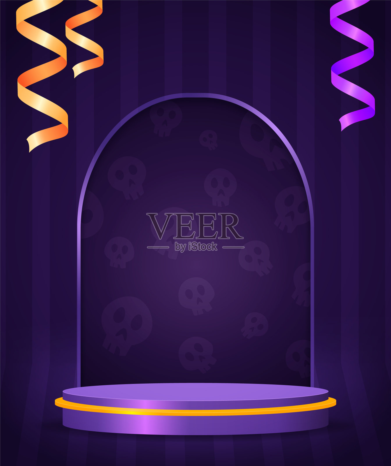 万圣节房间的条纹墙背景与紫色讲台，拱门与头骨和丝带为设计插画图片素材