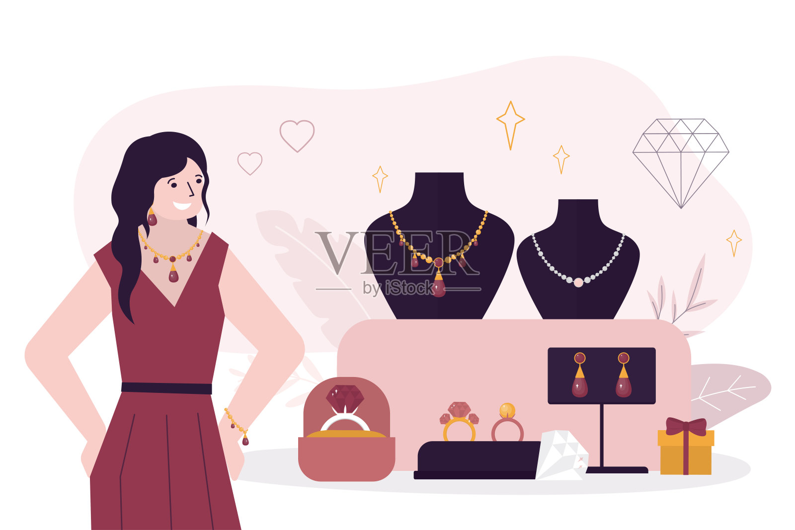 珠宝店展示了人体模型上的金项链，礼盒里的钻石戒指和耳环。美女佩戴各种黄金首饰。优雅的女性性格。插画图片素材