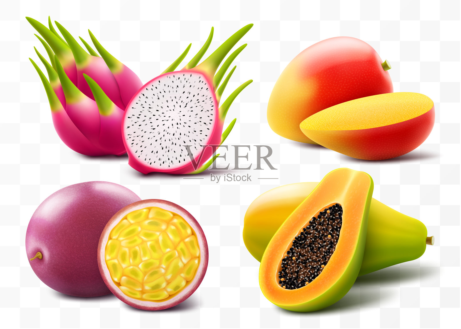 集异国情调成熟的热带水果芒果，木瓜，百香果和火龙果或火龙果，在透明的背景隔离。整片多汁的水果。逼真的三维矢量插图插画图片素材