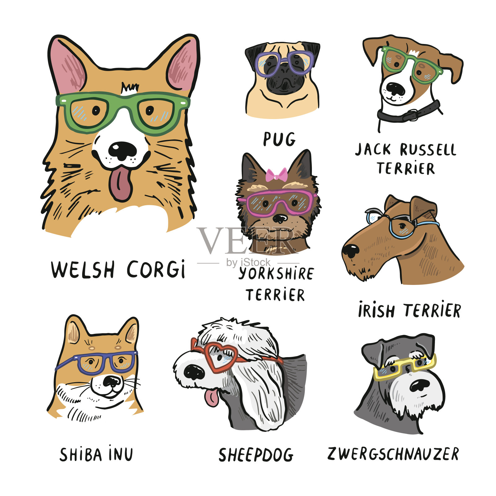 一套可爱的卡通狗。矢量插图。可用于t恤印刷、海报、卡片等。插画图片素材