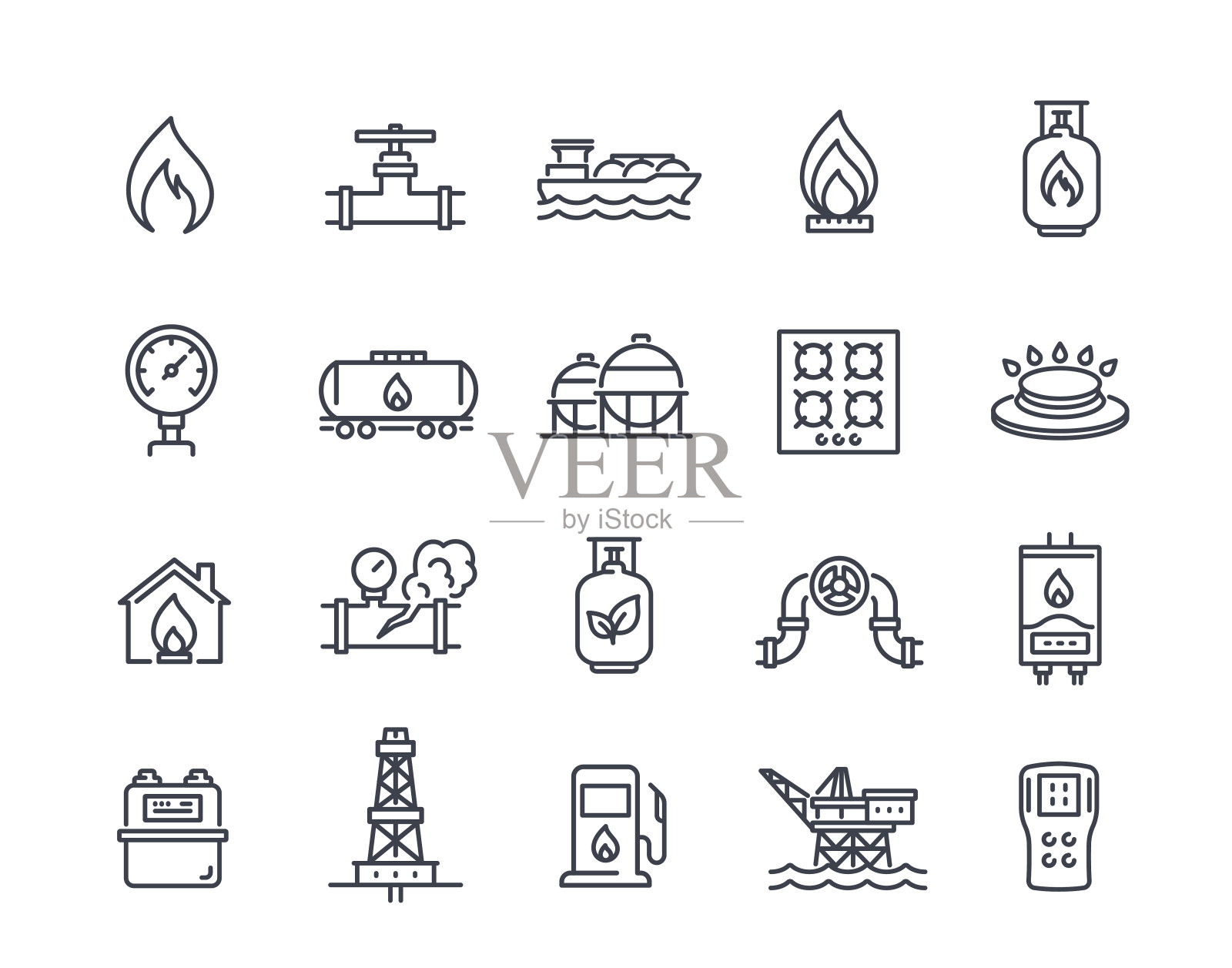 一套天然气线路图标。简单的符号有燃气管道，铸铁燃烧器，油箱和加油站。可编辑的中风。轮廓矢量插图集合插画图片素材