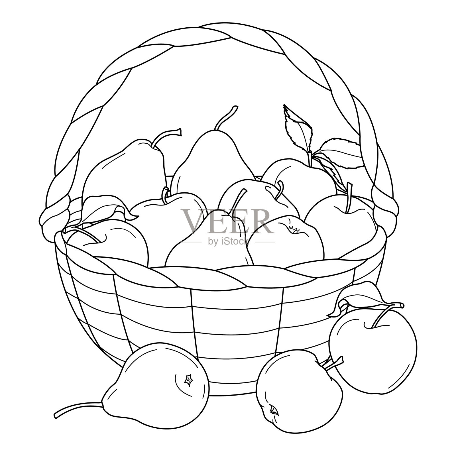 水果篮与苹果和梨着色页为儿童和成人。插画图片素材