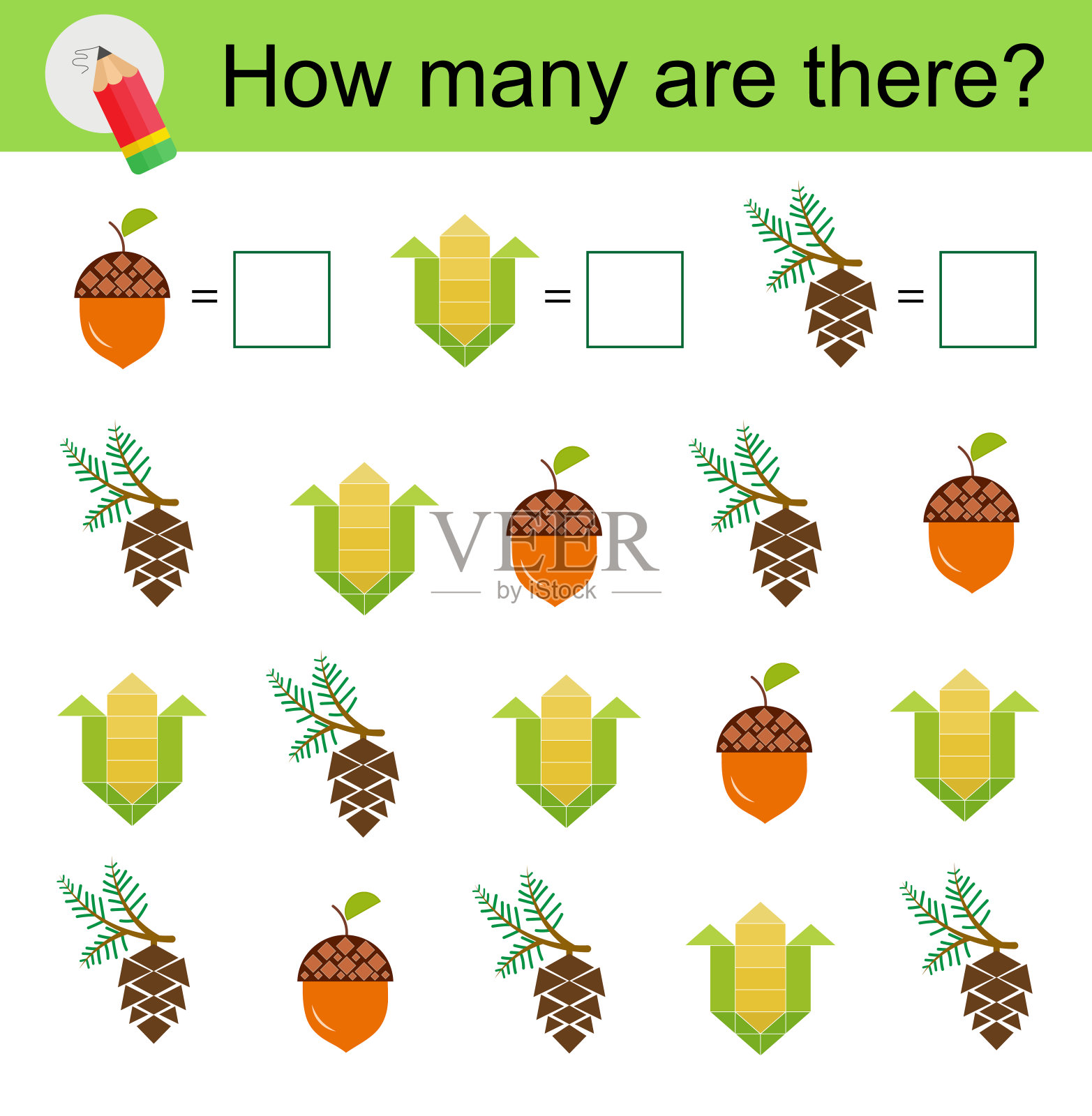 孩子们的数学活动。卡通玉米、松果、橡子。插画图片素材