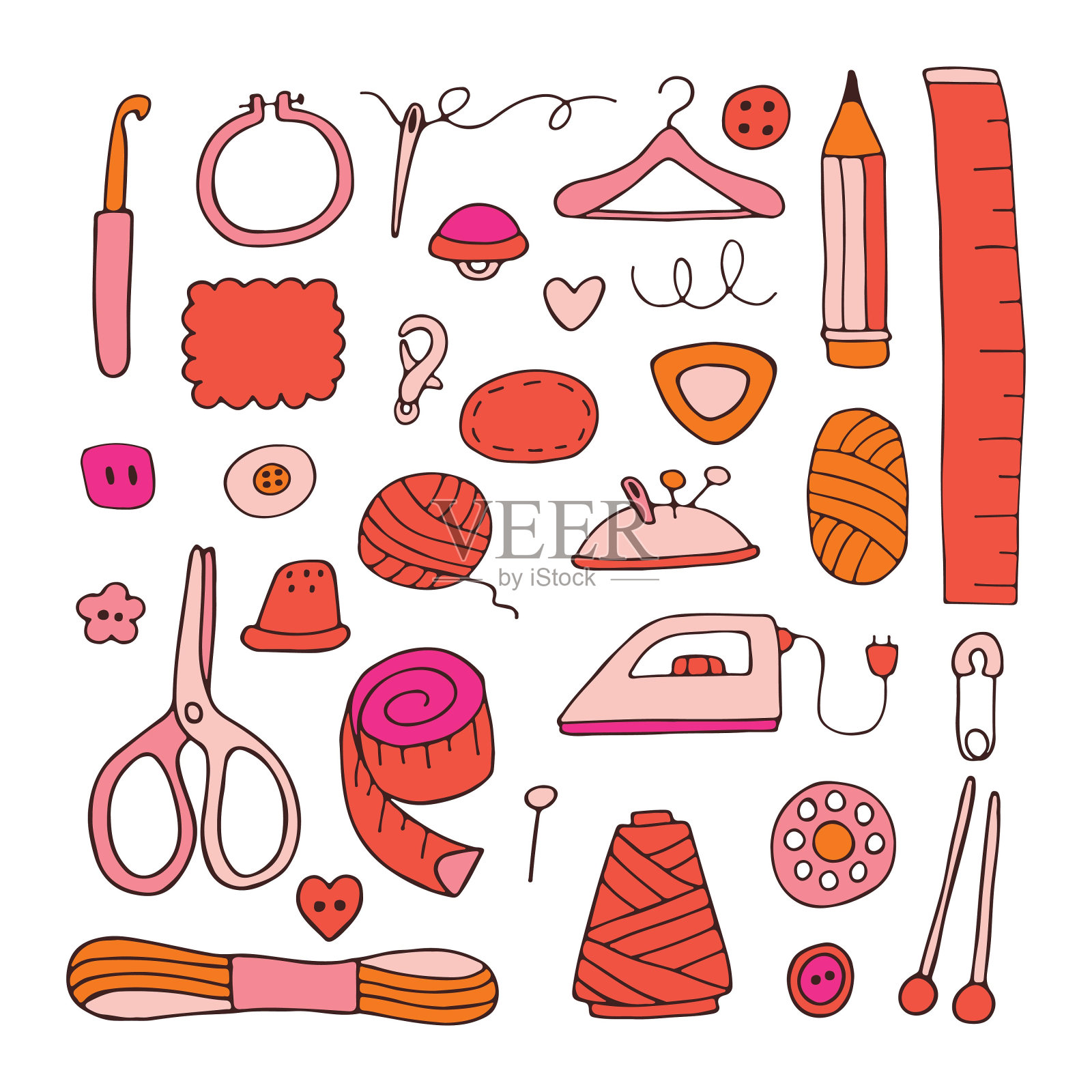 针线活和缝纫工具。针，线，织物，人体模型，剪刀，卷尺，针杆，纽扣，大头针。矢量图插画图片素材