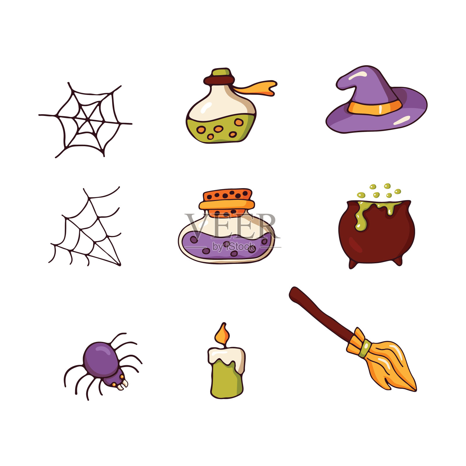 可爱的女巫设置在万圣节的卡通风格。网，帽子，扫帚，瓶子，药水被隔离在白色的背景上。为你的万圣节设计。矢量插图。插画图片素材