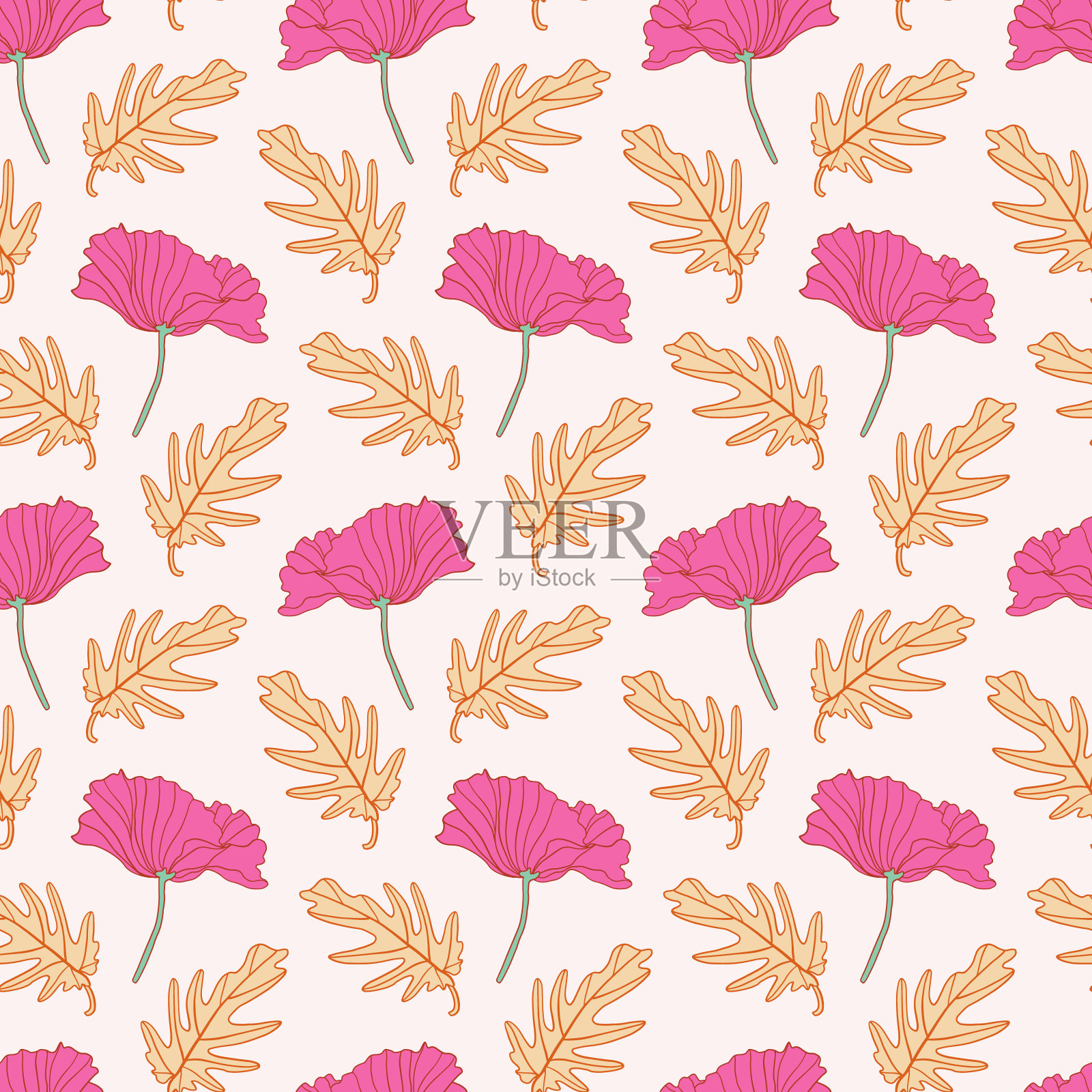 复古风格花玫瑰手绘无缝图案背景插画图片素材