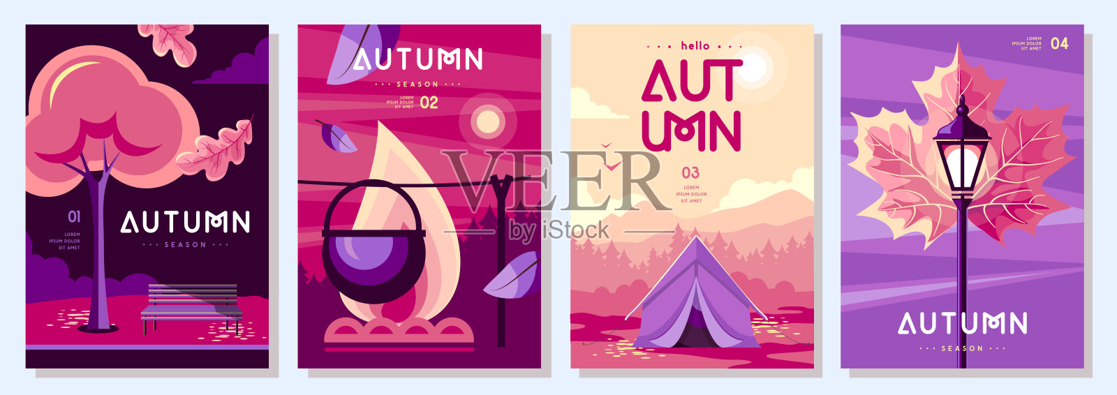 一套复古的平面秋季封面或派对海报与秋天的花卉属性，景观，落叶和露营。季节性促销海报。矢量图插画图片素材