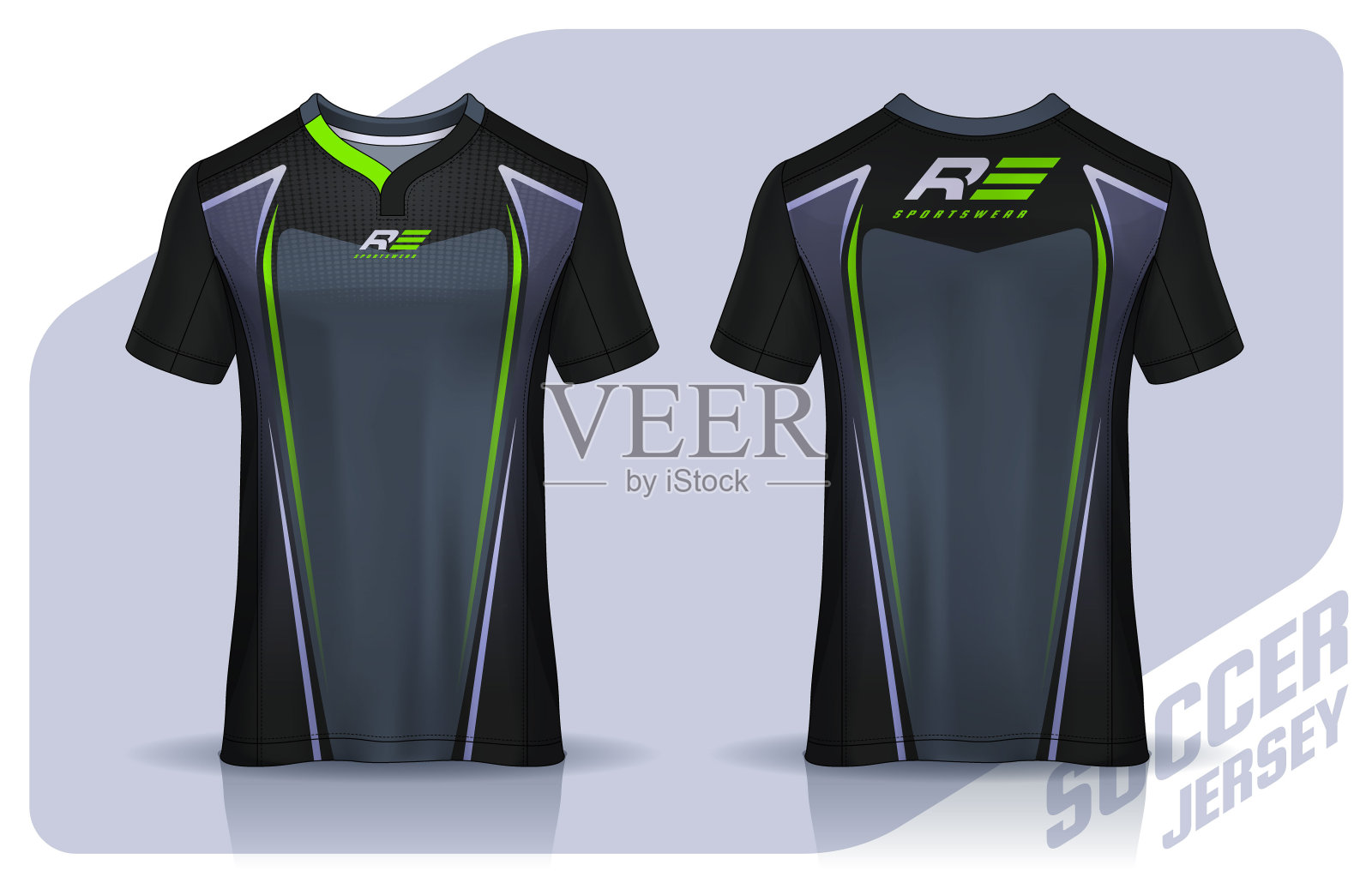 t恤运动设计模板，足球俱乐部的足球球衣模型。统一的前后视图。插画图片素材