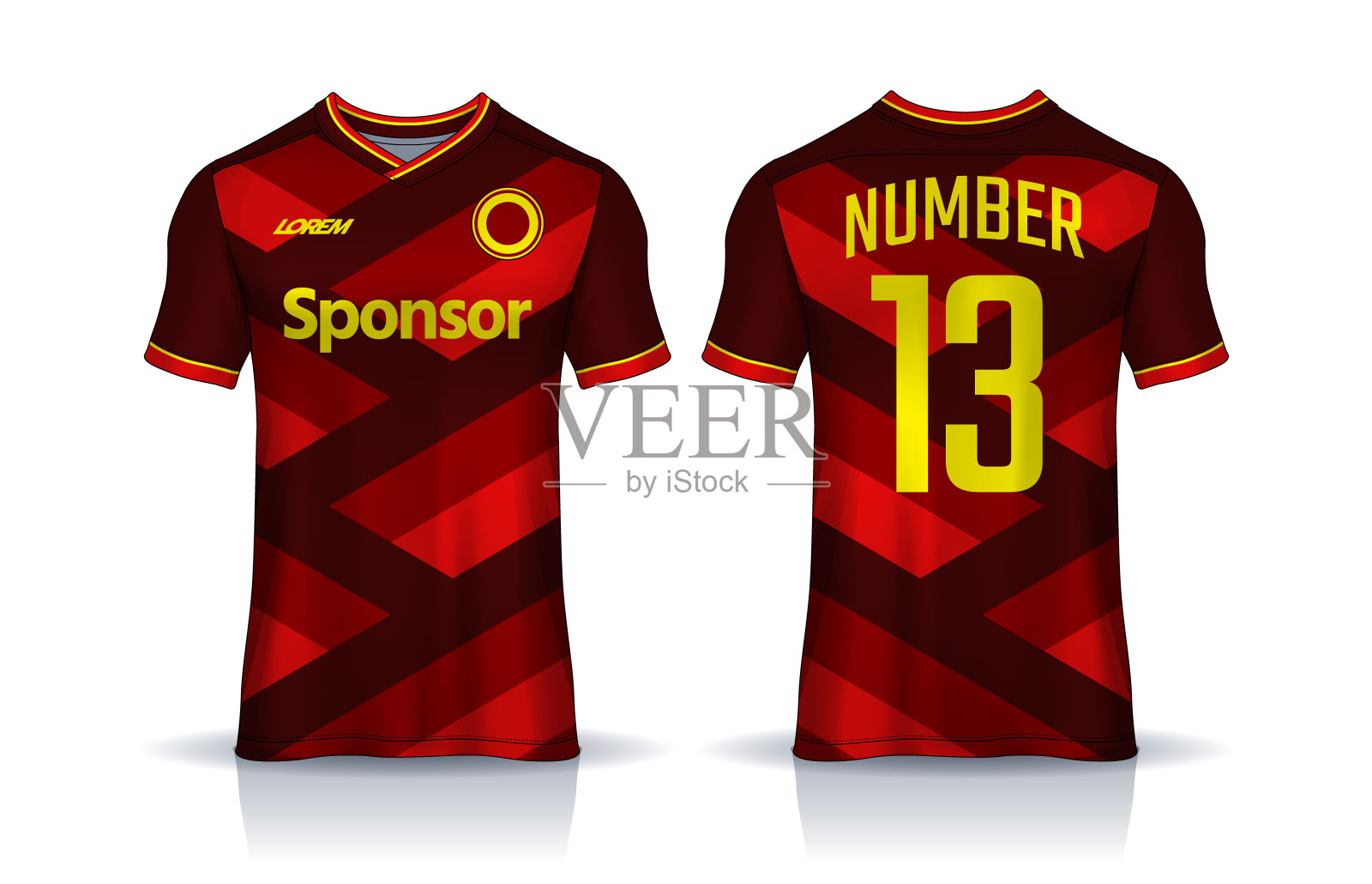 t恤运动设计模板，足球俱乐部的足球球衣模型。统一的前后视图。插画图片素材