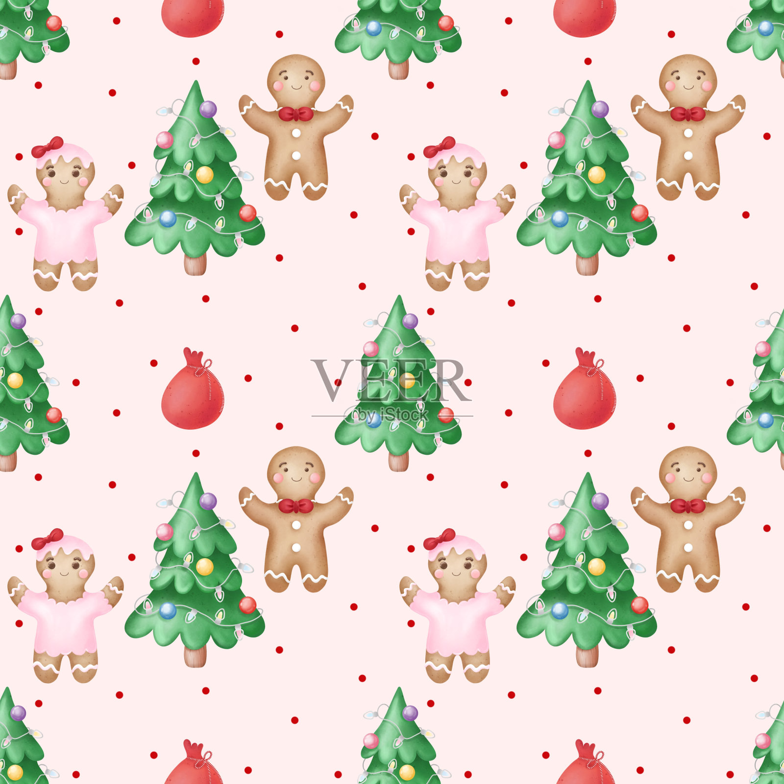 圣诞节可爱的姜饼饼干。圣诞和新年水彩节日无缝图案。假日插图。节日包装。圣诞树装饰。打印礼物。插画图片素材