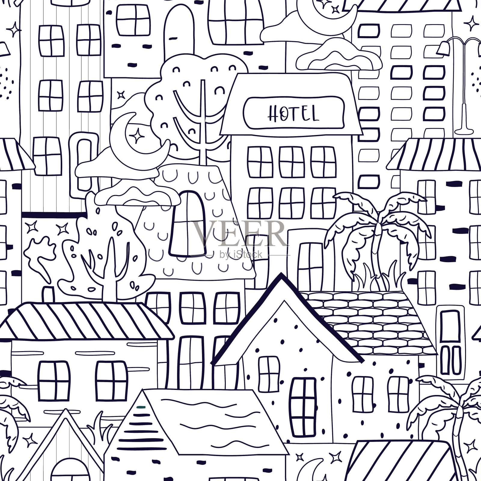 房屋，树木，星星的无缝组合。平面设计，卡通风格。一个时尚的手绘插图。用于印刷，纸张，儿童壁纸。艺术矢量插图。插画图片素材