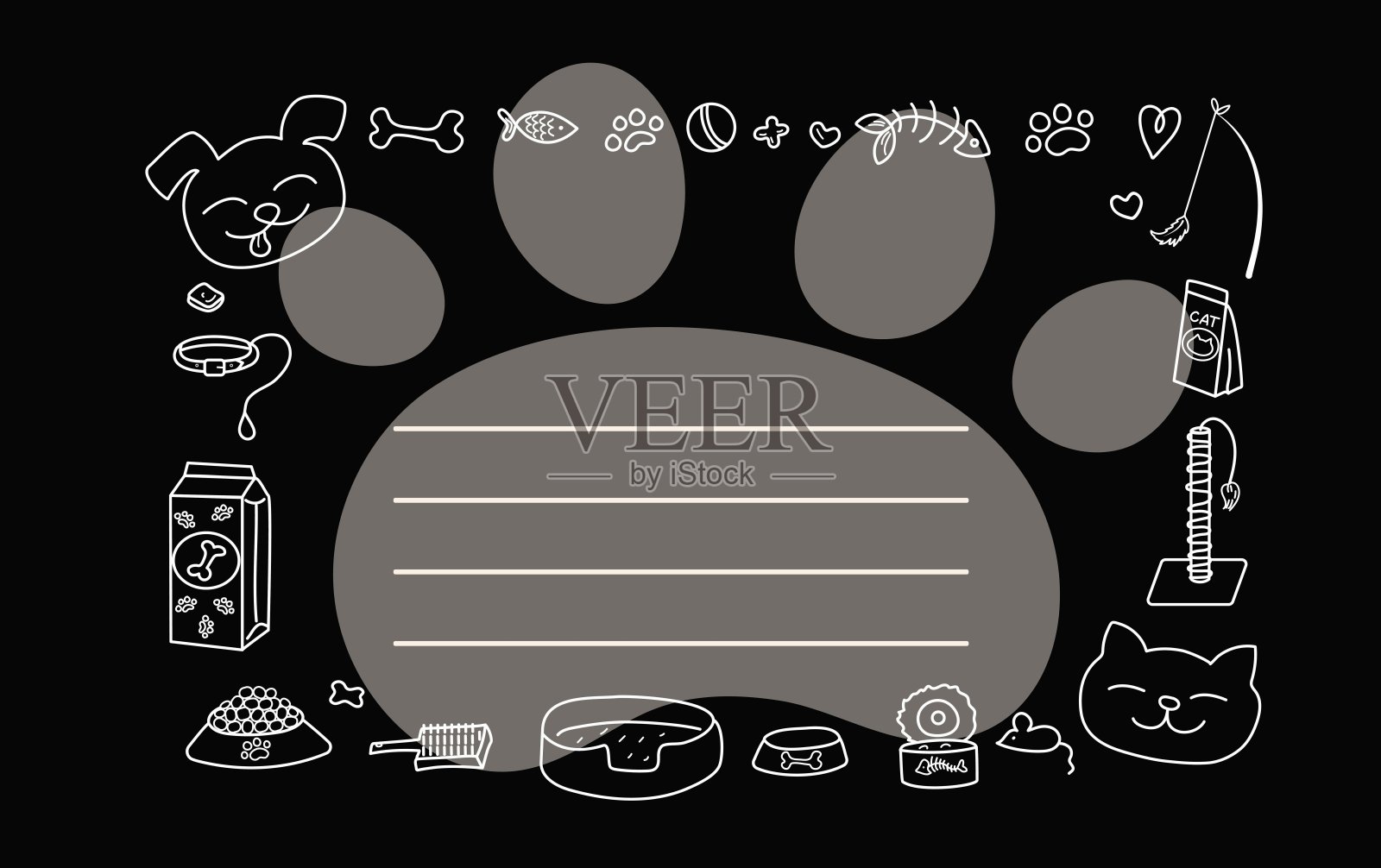 框架画的线性图标与涂鸦风格的动物。横幅，传单与形象的狗，猫，爪印，宠物食品和玩具。插画图片素材