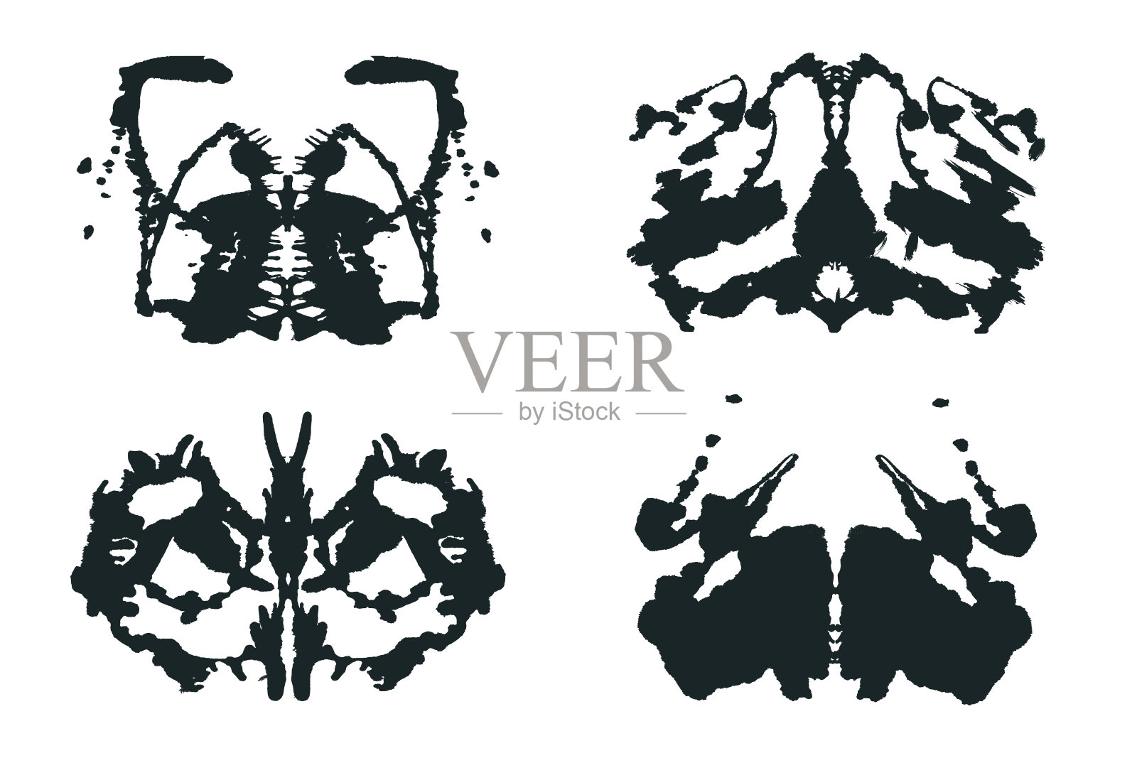罗夏墨迹黑色抽象水花。墨水对称的手刷设计。用于心理测试的几何轮廓。插画图片素材