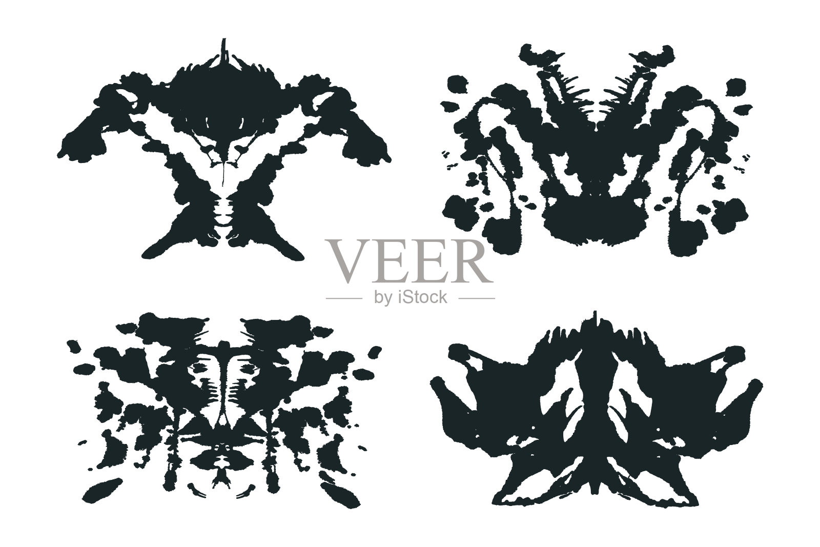 罗夏墨迹黑色抽象水花。墨水对称的手刷设计。用于心理测试的几何轮廓。插画图片素材