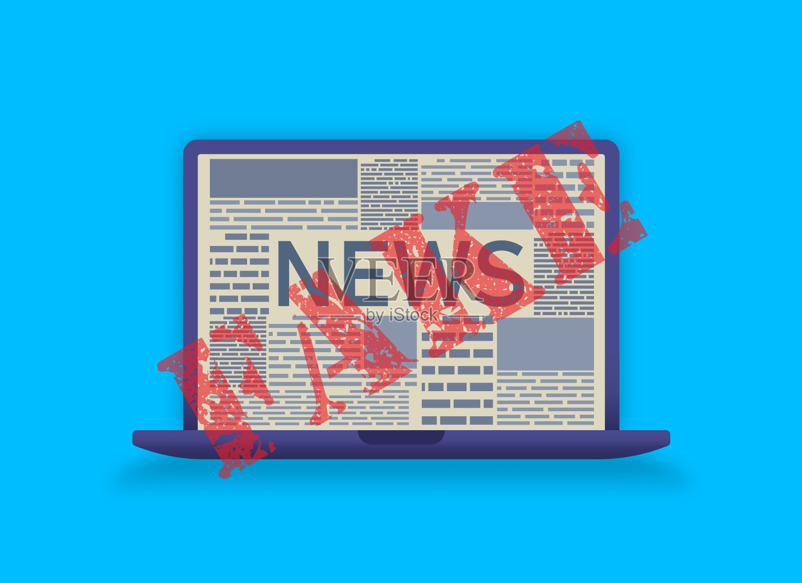 在打开新闻网页的笔记本电脑显示器上贴假邮票插画图片素材