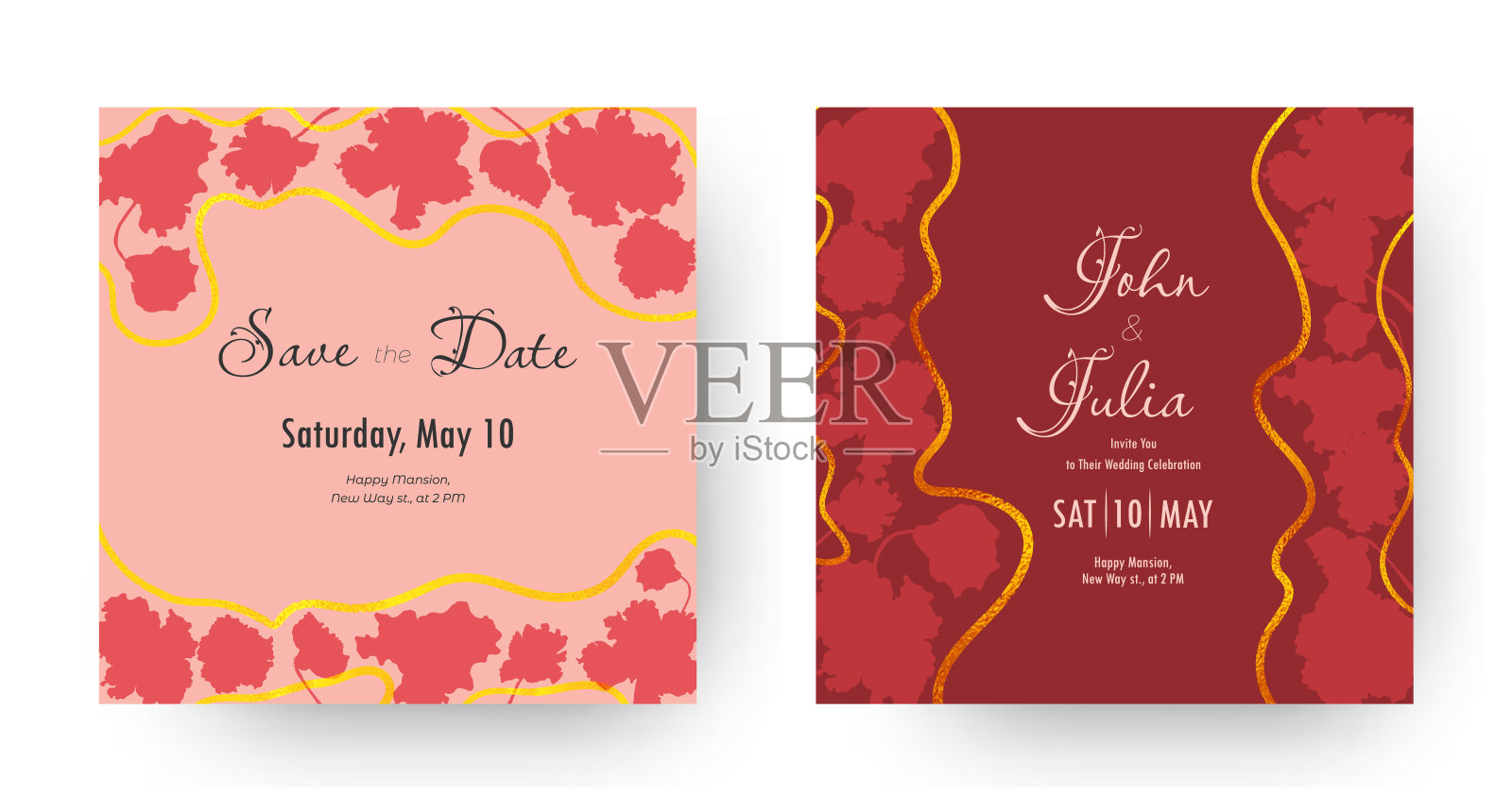 与两个方形花卉婚礼海报插画图片素材