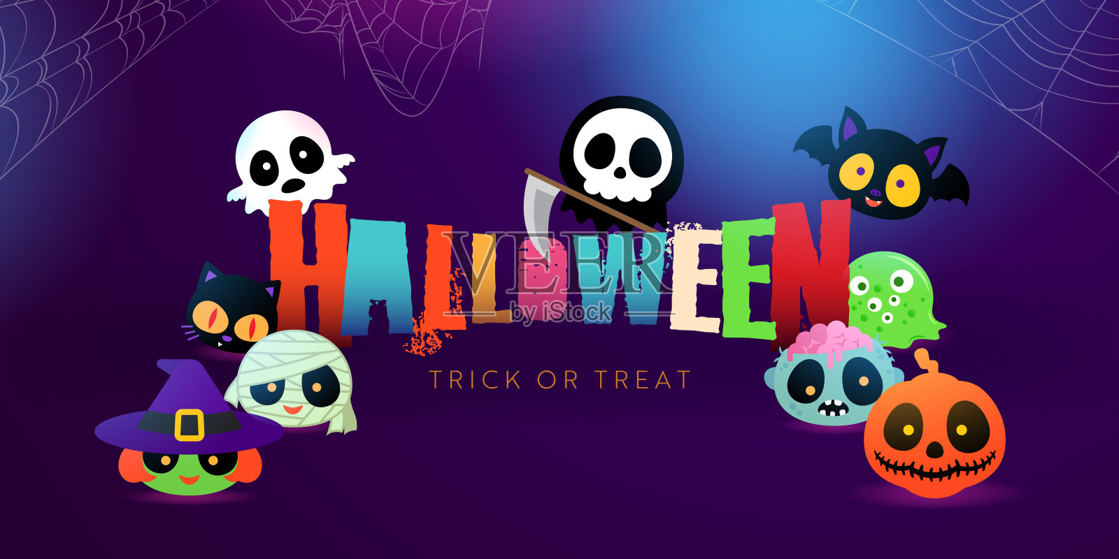 万圣节问候不给糖就捣蛋可爱的幽灵人物横幅插画图片素材