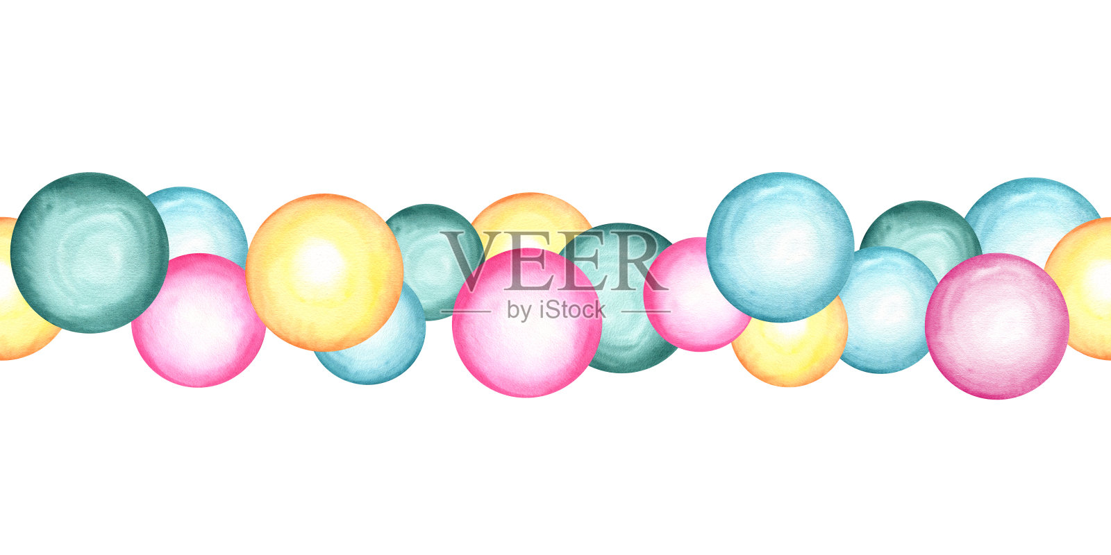 粉红色，黄色，绿色和蓝色的圆圈无缝横幅剪贴艺术。渐变飞溅，圆形涂鸦点。简约风格的大泡泡。水彩孤立插图纺织品，装饰插画图片素材