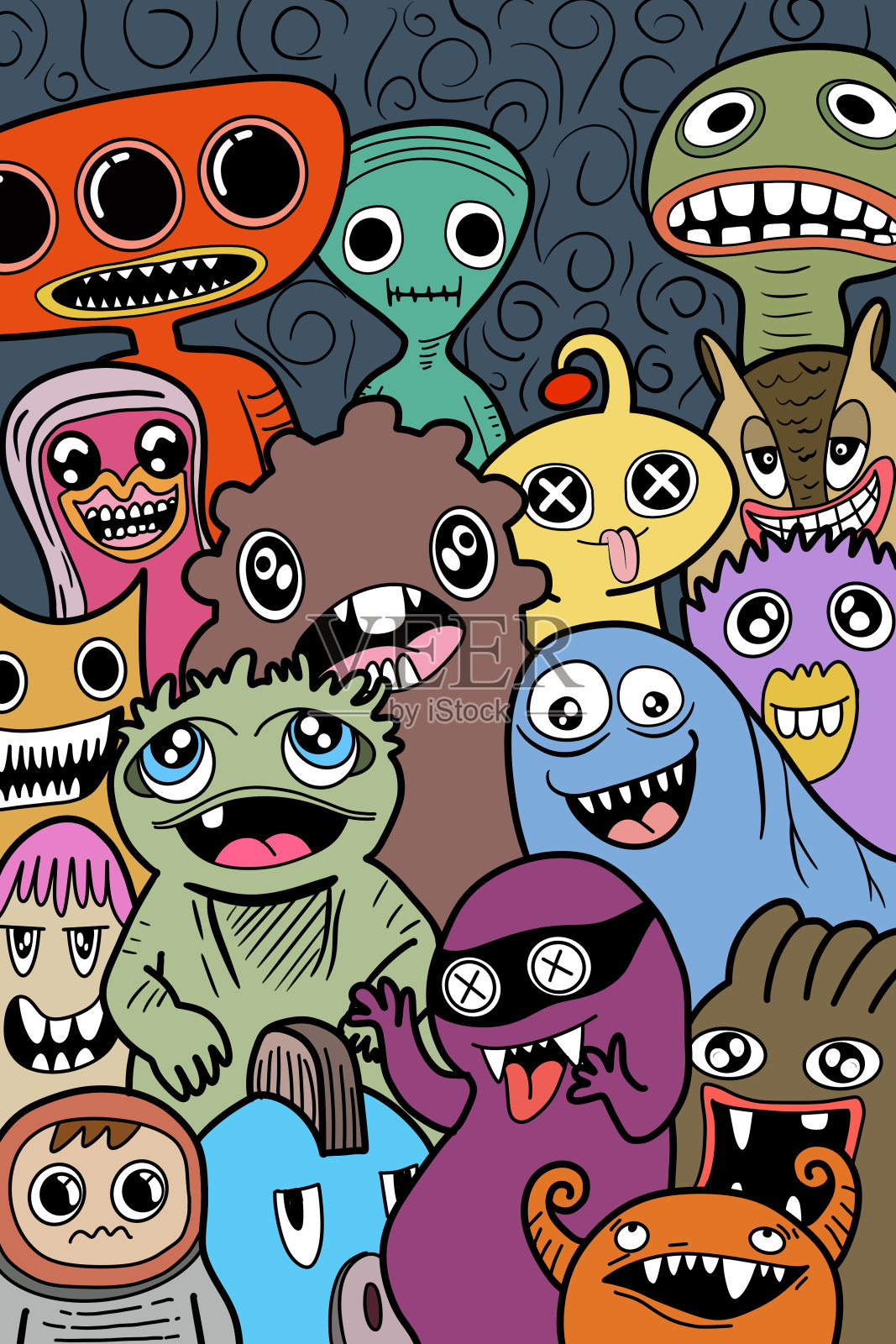 手绘插图，怪物涂鸦，手绘卡通怪物插图，卡通人群涂鸦手绘涂鸦风格。插画图片素材