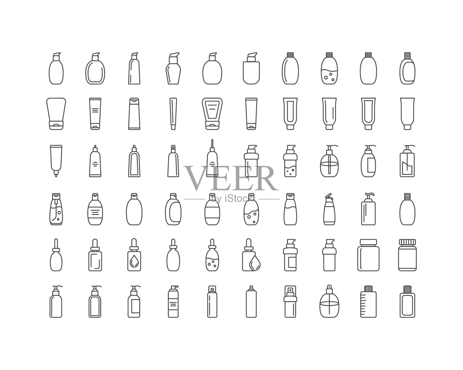 收集矢量图标的美容，化妆品和护理。瓶子，罐子，沐浴露，面霜，身体乳，喷雾，药膏，膏体。插画图片素材