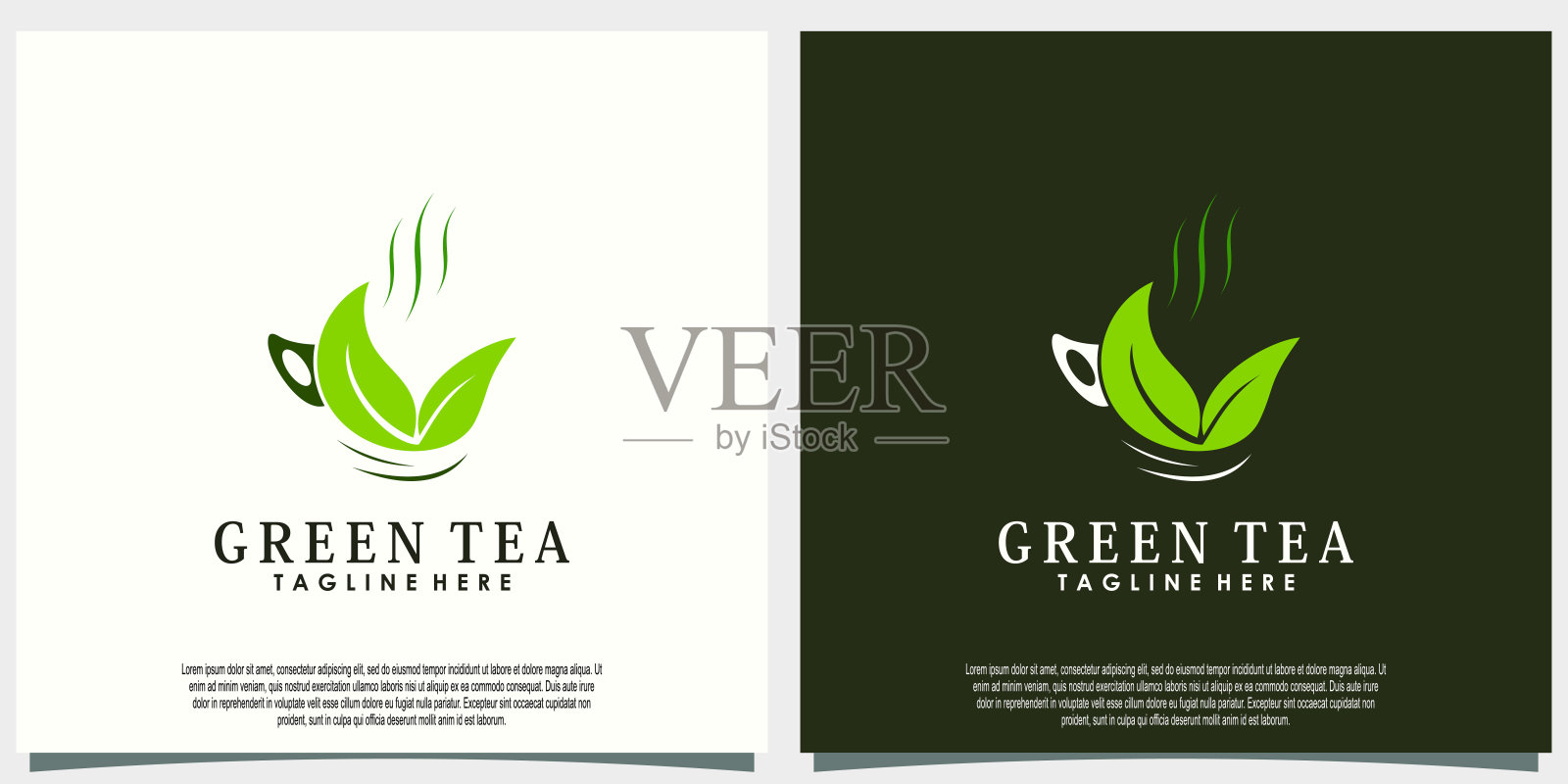 绿茶标志设计与茶叶和茶壶的创意概念插画图片素材