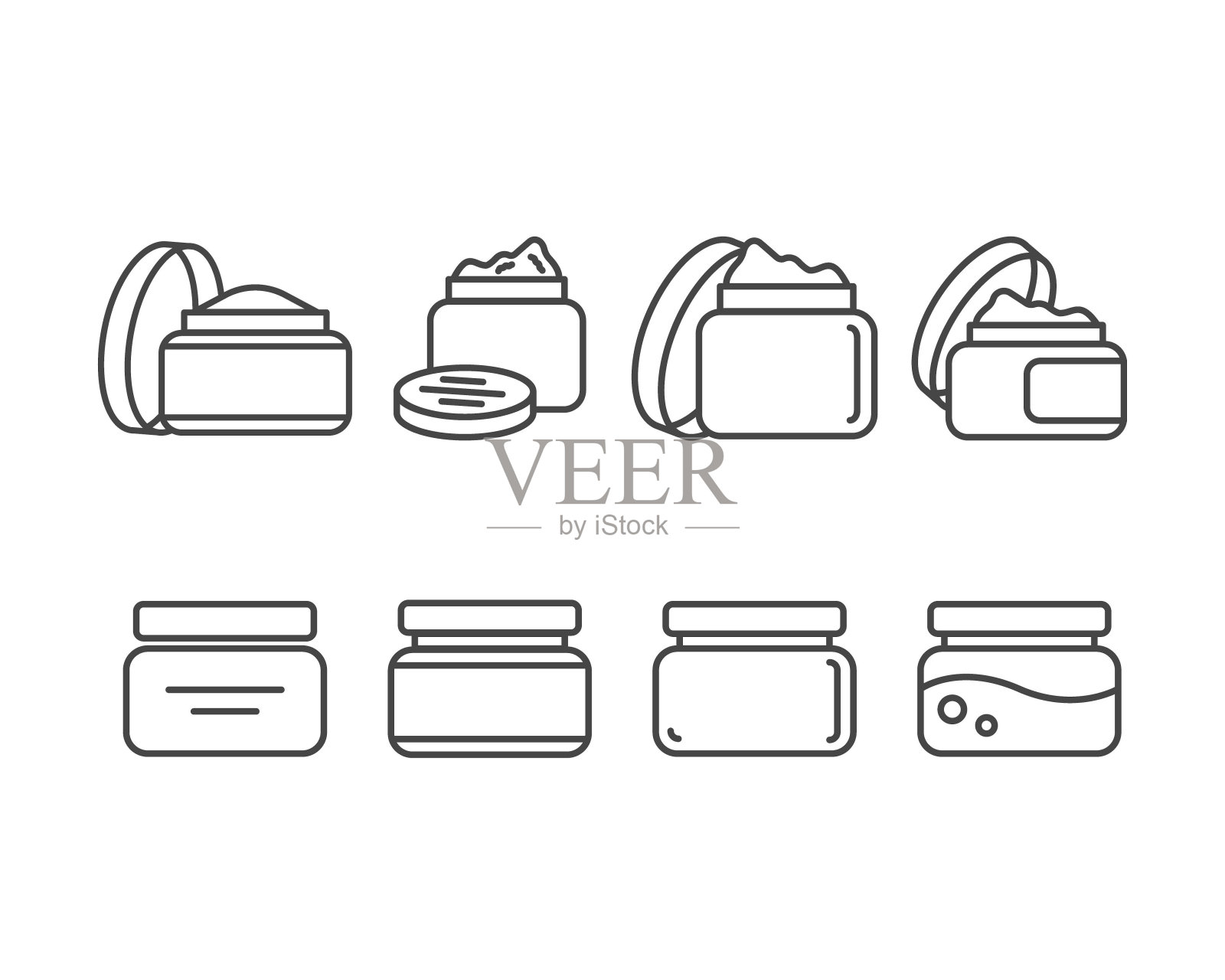 收集矢量图标的美容，化妆品和护理。瓶子，罐子，沐浴露，面霜，身体乳，喷雾，药膏，膏体。插画图片素材